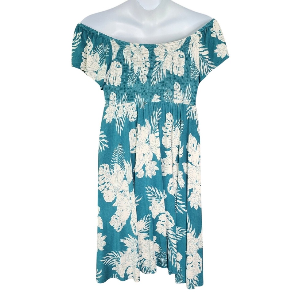 Torrid Dress Women 2 Teal White Tropical Dress Floral Smocked Off Shoulder Soft - Picture 2 of 9